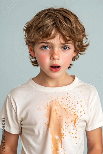 A boy is surprised or a little upset by a stain on his T-shirt. Dirty children's clothes. Poster or banner for a stain remover.	 photo