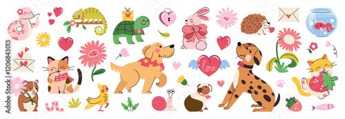 Cute pet in valentine day lovely vector. Collection pet of dog, cat, bird, fish, rabbit, rat, turtle. Adorable animal characters for clipart, decoration, prints, cover, greeting card, sticker.