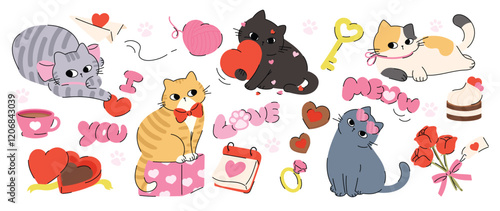 Cute cats in valentine day lovely pet vector. Collection of cats with little heart, flower, gift. Adorable animal characters for clipart, decoration, prints, cover, greeting card, sticker, banner.