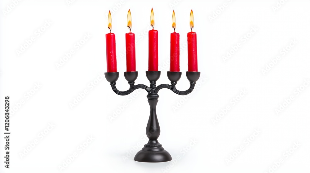 Elegant Black Candelabra with Five Burning Red Candles in Studio Elegant Black Candelabra with Five Burning Red Candles in Studio