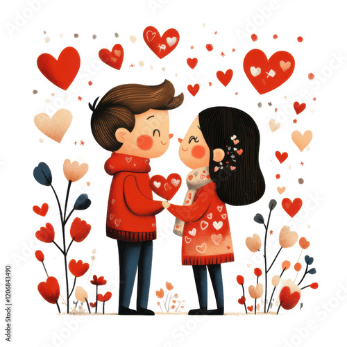 A couple is holding hands and gazing into each other's eyes, surrounded by a flurry of colorful hearts and blooming flowers. The joyful scene celebrates love and connection