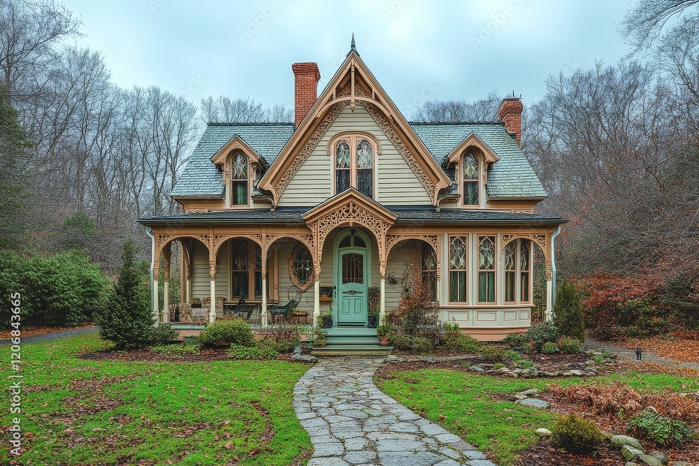 Naklejka premium Front porch and entrance of an old New England home with light tan siding, white trim, mint green accents, stone path, and shingle roof.