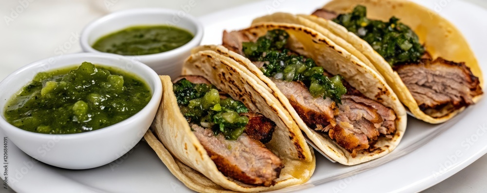 Street tacos filled with pork carnitas and a side of green salsa