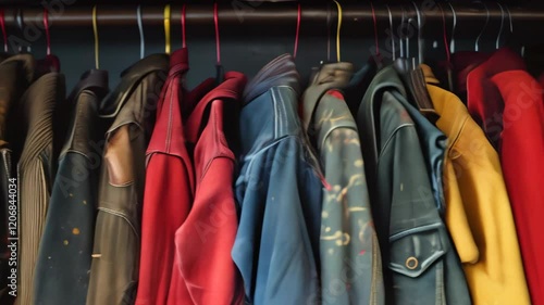 Collection of colorful jackets hanging on a rack in a vintage clothing store in autumn