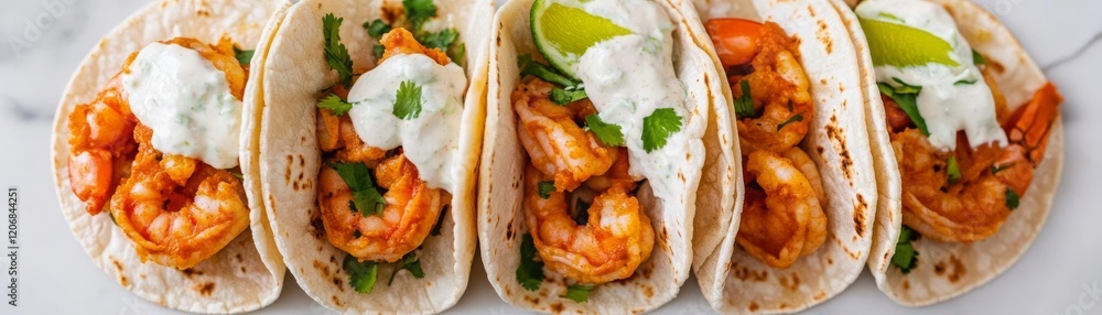 Street tacos filled with spicy shrimp and tangy lime crema Street tacos filled with spicy shrimp and tangy lime crema