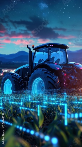 Smart Farming Revolution: 3D Cartoon Tractor on Laptop with Glowing Blue-Purple Hologram. Online Agricultural Management System in Futuristic Rural Landscape with Cornfields and Mountains.