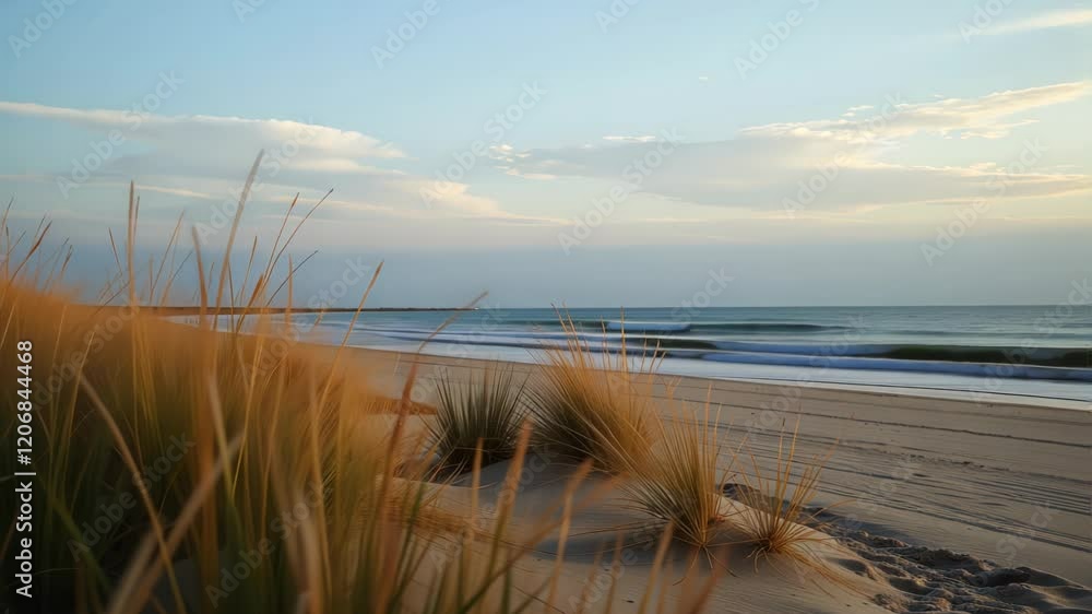 Golden sand dunes and beach grass under a serene sunset sky, with ocean waves and a tranquil horizon creating a peaceful coastal atmosphere. Golden sand dunes and beach grass under a serene sunset sky, with ocean waves and a tranquil horizon creating a peaceful coastal atmosphere.