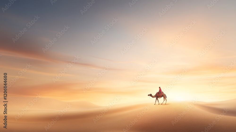 Serene Sunset Over Desert Landscape with a Lone Camel and Rider Silhouetted Against the Warm Colors of Dusk, Evoking a Sense of Adventure and Tranquility in Vast Wilderness Serene Sunset Over Desert Landscape with a Lone Camel and Rider Silhouetted Against the Warm Colors of Dusk, Evoking a Sense of Adventure and Tranquility in Vast Wilderness