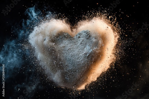 Metallic powder explosion in heart shape, dark background, copy space center