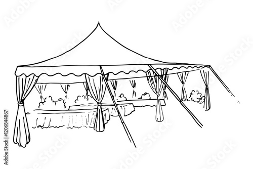 prepared tent with tables set up for guests without people - hand drawn line art sketch