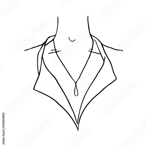 unisex neck and upper chest with teardrop pendant and shirt with open top buttons - hand drawn line art sketch