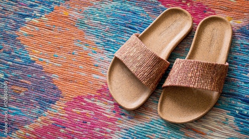 Cork footbed sandals resting on a colorful woven rug. photo