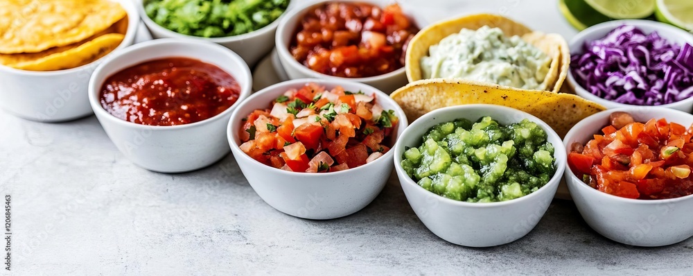 Taco platter featuring a colorful array of fresh toppings and salsas Taco platter featuring a colorful array of fresh toppings and salsas