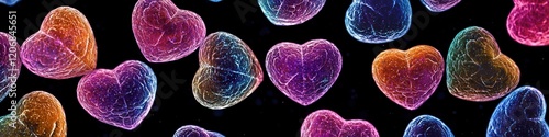 Microscopic view of heart-shaped cells, vibrant colors on black