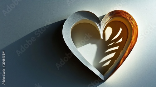 Minimalist heart cutout in paper, casting intricate shadow pattern
