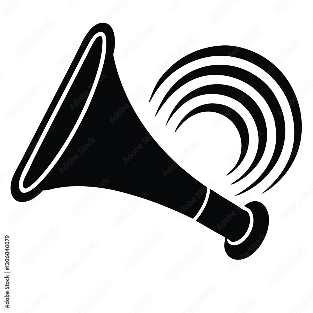 A golden horn emitting sound waves in the air, clean and modern vector art. A golden horn emitting sound waves in the air, clean and modern vector art.