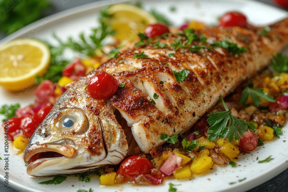 Plate with fish and vegetables, garnished with herbs and lemon slices, on a wooden table in a cozy restaurant setting. Plate with fish and vegetables, garnished with herbs and lemon slices, on a wooden table in a cozy restaurant setting.