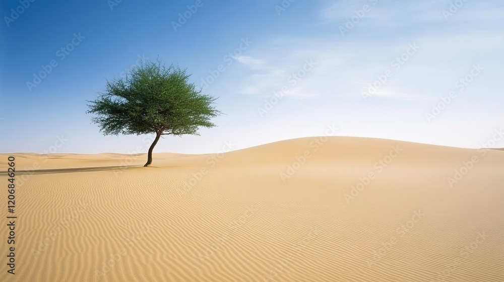 Solitary Acacia Tree Standing Amidst Vast Golden Sand Dunes Under Clear Blue Sky in a Tranquil Desert Landscape Evoking Feelings of Isolation and Serenity