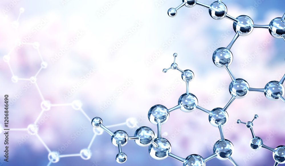 Horizontal banner with model of abstract molecular structure. Background of blue color with glass atom model. Copy space for your text. 3d render Horizontal banner with model of abstract molecular structure. Background of blue color with glass atom model. Copy space for your text. 3d render