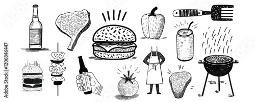 Set of summer barbeque Hand drawn style illustration design elements