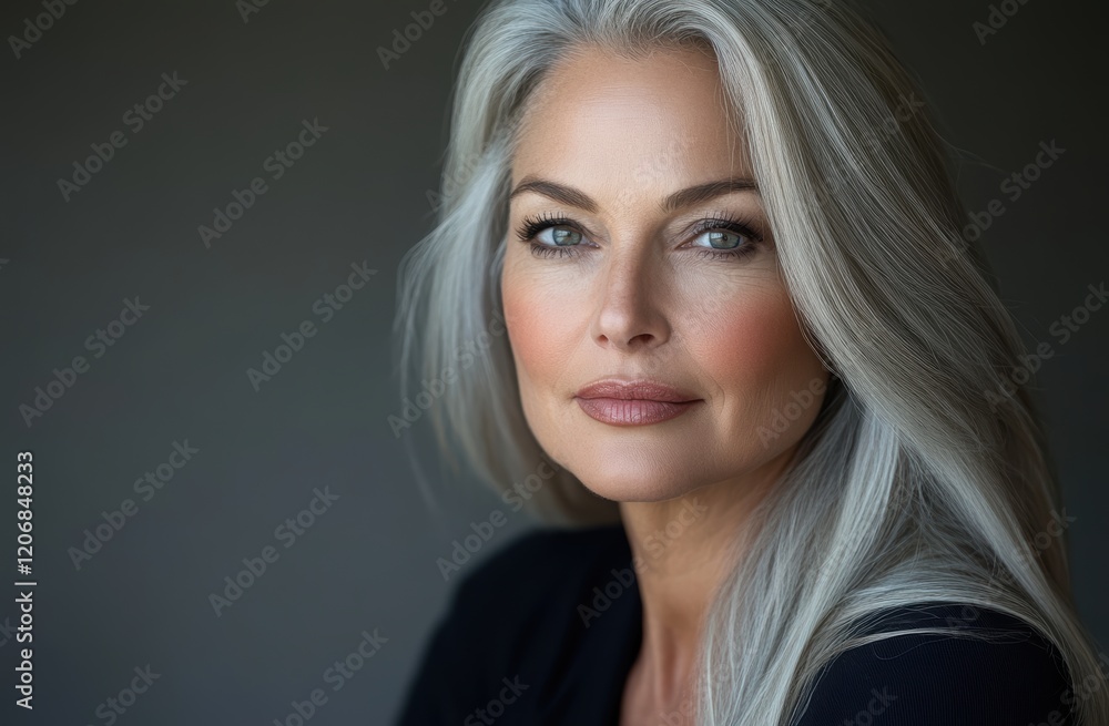 Naklejka premium A beautiful mature woman with gray hair looking at the camera