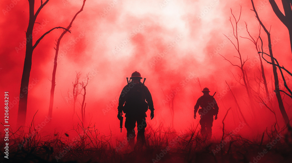Fototapeta premium Two silhouetted figures walk through a smoky, red haze amid barren trees, evoking a sense of danger and urgency in a dramatic landscape.