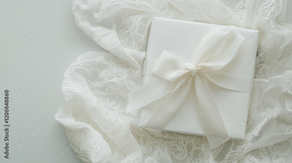 Elegant white gift box with satin ribbon on lace fabric. Elegant white gift box with satin ribbon on lace fabric.