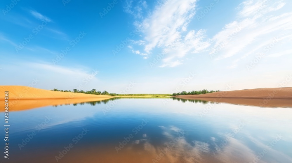 Tranquil Desert Oasis with Still Water Reflecting a Clear Sky and Lush Greenery Surrounding Serene Landscapes in a Warm Desert Environment Tranquil Desert Oasis with Still Water Reflecting a Clear Sky and Lush Greenery Surrounding Serene Landscapes in a Warm Desert Environment