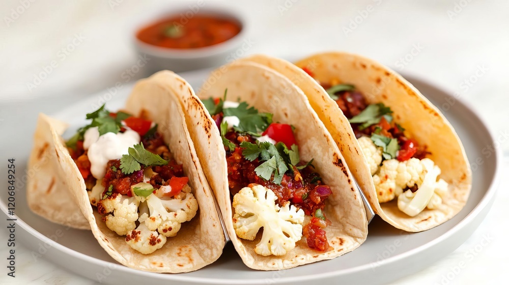 Vegetarian tacos with roasted cauliflower and spicy salsa roja Vegetarian tacos with roasted cauliflower and spicy salsa roja