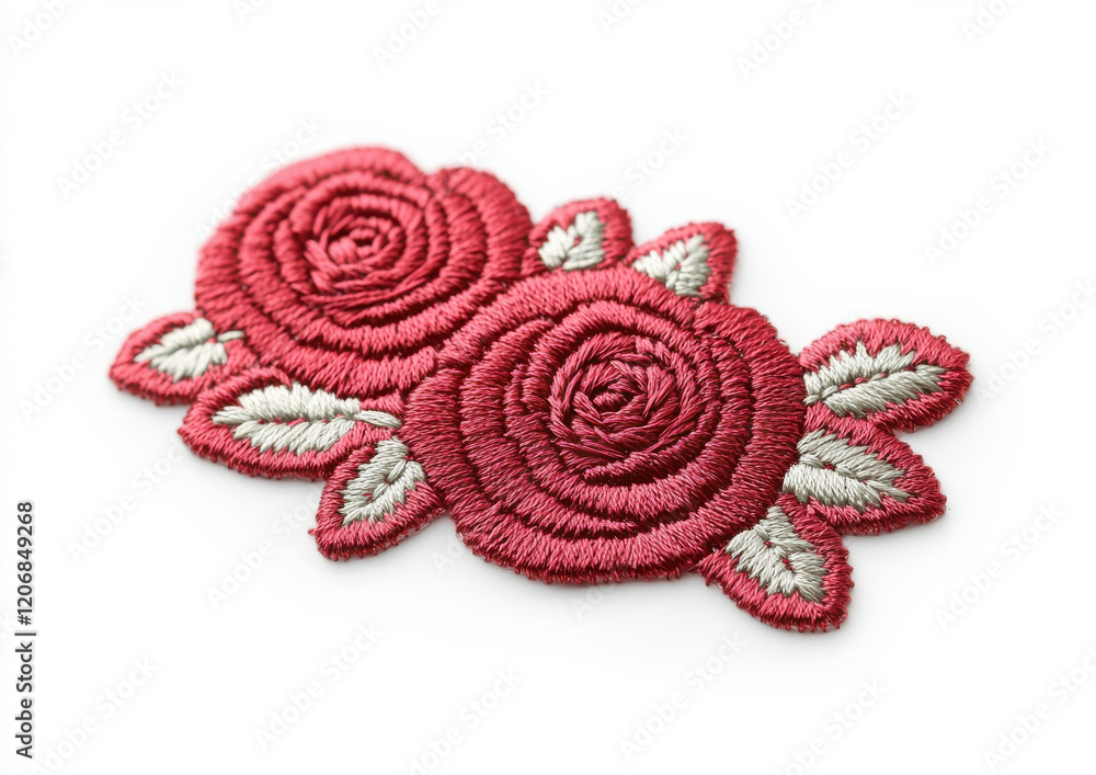Obraz premium Embroidered rose patch design in deep ruby red with green leaves on white background