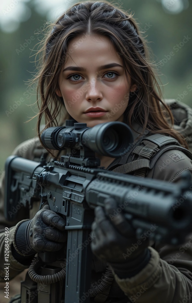 Fototapeta premium Professional Female Sniper in Action Precision Skill and Full Tactical Gear with Intense Focus