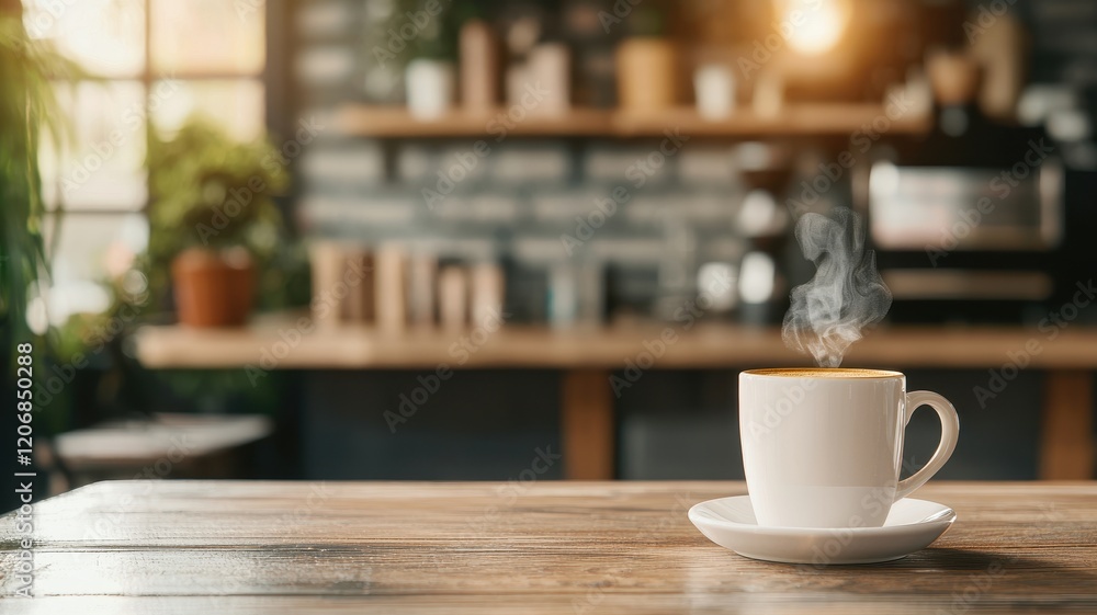 Fototapeta premium Warmth coziness well-being concept. A steaming cup of coffee on a wooden table in a cozy cafe setting with warm lighting and green plants in the background.