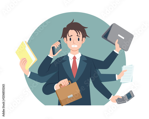 Flat style multitasking businessman cartoon illustration