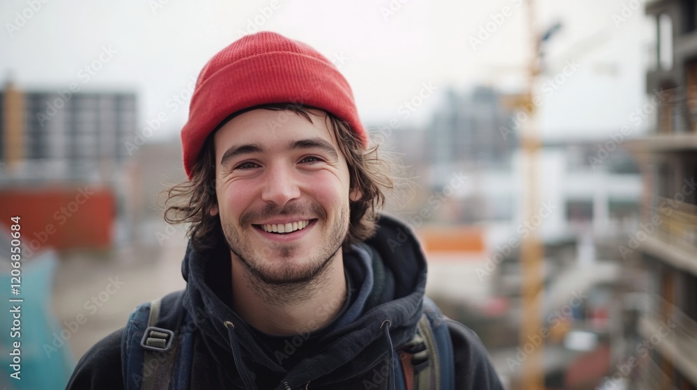 Roofer smiling into the camera, blurred construction site background, Shortage of skilled workers in construction, 16:9 Roofer smiling into the camera, blurred construction site background, Shortage of skilled workers in construction, 16:9