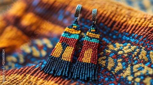 Long beaded earrings in tribal patterns placed on a handwoven textile.