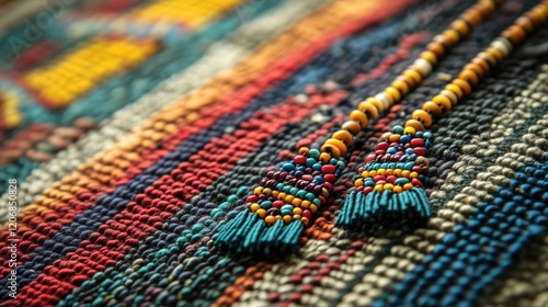 Long beaded earrings in tribal patterns placed on a handwoven textile.