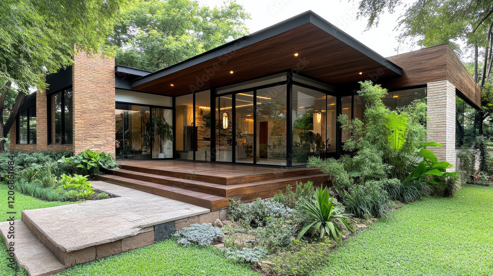 beautiful house with unique blend of modern and traditional design, surrounded by lush greenery beautiful house with unique blend of modern and traditional design, surrounded by lush greenery