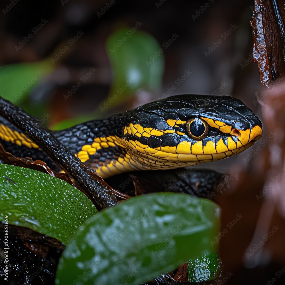 Obraz premium Black and Yellow Snake in Lush Green Rainforest Habitat Close Up