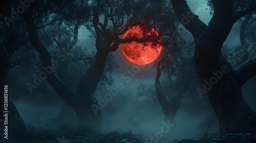 Mysterious and Enigmatic Dark Forest Illuminated by a Striking Red Moon Creating an Otherworldly Atmosphere of Intrigue and Beauty in Nature