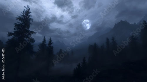 Mysterious Dark Forest Bathed in Ethereal Moonlight Creating an Enigmatic and Haunting Atmosphere with Shadows and Soft Glow of the Night Sky