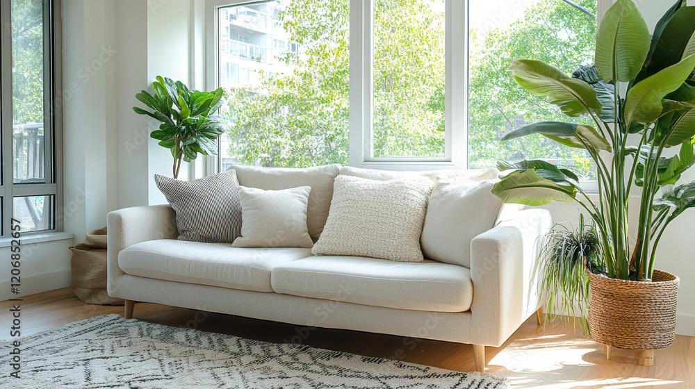 cozy living room with light sofa, cushions, and indoor plants cozy living room with light sofa, cushions, and indoor plants