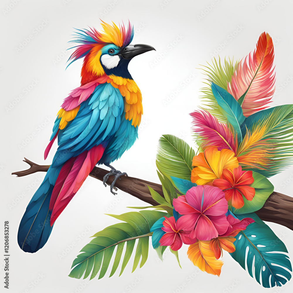 Fototapeta premium A vibrant illustration of a tropical bird with colorful feathers perched on a branch, surrounded by lush flowers and leaves, embodying exotic beauty and artistic charm.
