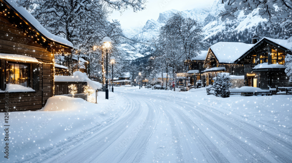 Naklejka premium magical snow covered village with twinkling lights and serene beauty