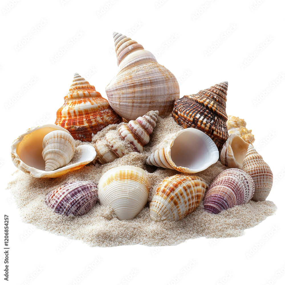 Collection of colorful seashells arranged on sand at the beach during a sunny day Collection of colorful seashells arranged on sand at the beach during a sunny day