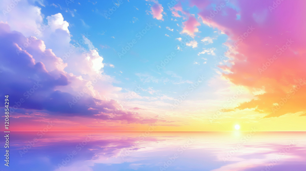 Obraz premium A breathtaking scene featuring a vibrant blue sky with white clouds and a golden sunset reflecting on the sea, captured in high-definition photography with rich colors and radiant golden light