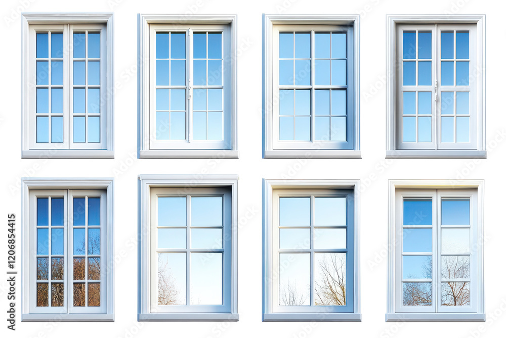 Obraz premium Collection of stylish white windows showcasing clear reflections under bright daylight