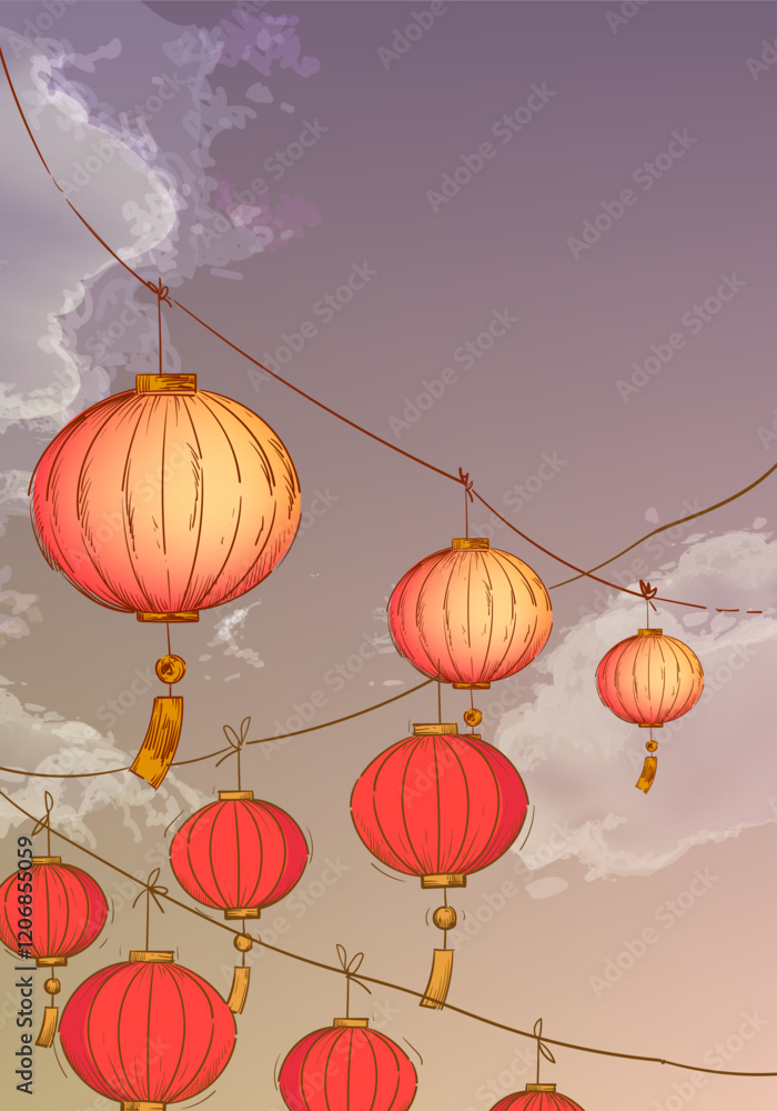 Obraz premium Chinese New Year 2025 in red, gold and white colors with lantern, lamp, light vector background. Design template for banner, cards, poster and greeting.