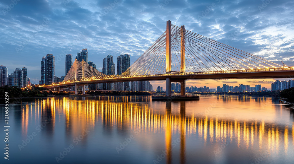 Naklejka premium stunning skyline at dusk featuring bridge reflecting in water