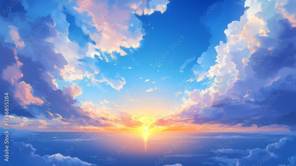 A breathtaking scene featuring a vibrant blue sky with white clouds and a golden sunset reflecting on the sea, captured in high-definition photography with rich colors and radiant golden light A breathtaking scene featuring a vibrant blue sky with white clouds and a golden sunset reflecting on the sea, captured in high-definition photography with rich colors and radiant golden light