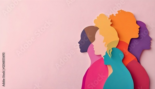 An energetic display of women in a variety of colors, illustrating diversity and strength through paper silhouettes for International Women's Day